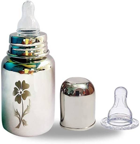 KLASSI KICHEN Stainless Steel Feeding Bottle With Laser Flower Design With 1 Extra Silicone Nipple - 200 ml