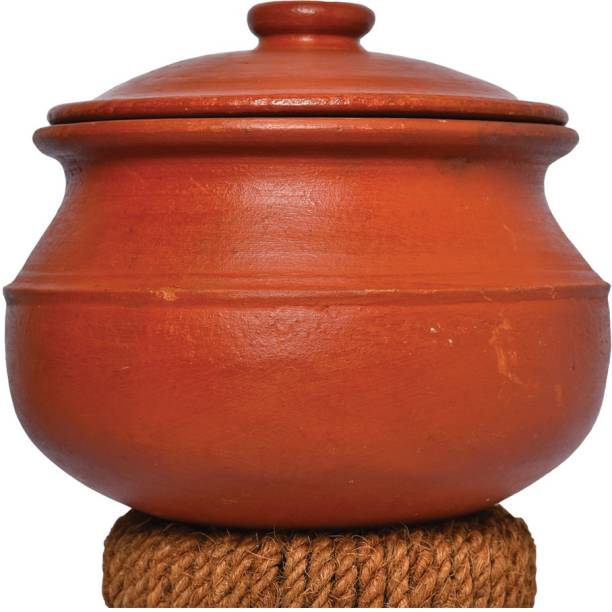 Frills & Colours Eco Friendly Earthen Cookware / Clay Pot for Cooking and Serving-Handmade Traditional Pottery-Natural Red Handi 5 L with Lid