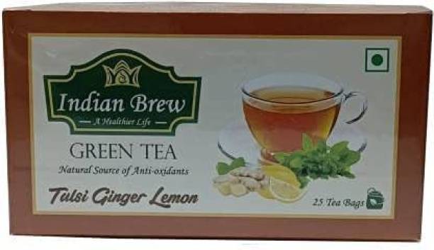 Indian Brew Organic Tulsi Ginger Lemon Green Tea Box of 25 Tea Bags Hibiscus Tea Blend Bags Box