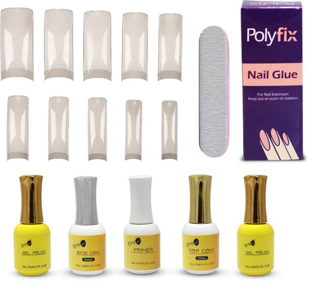 Gleevia EMIGel Nail Extension Kit for Beginner and Professional Combo Pack Top Coat, Base Coat, Primer, Nail Glue, 500pc Natural French Shape Artificial Nail and Gel Polish
