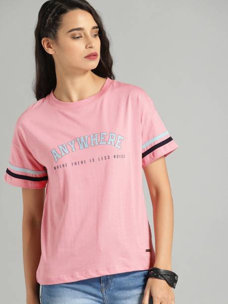 Roadster Printed Women Round Neck Pink T-Shirt