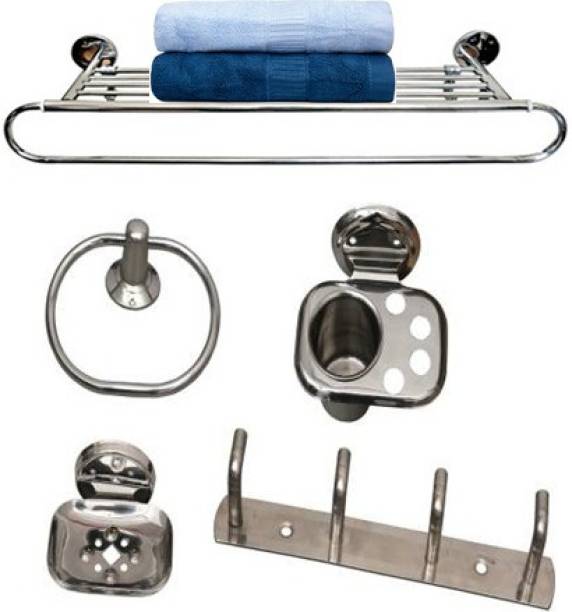manvi Complete Bathroom Set 5pcs (Towel Rack-24",Toothbrush Holder,Towel Ring, Soap Dish,Hook Rail 4 pins) Silver Towel Holder