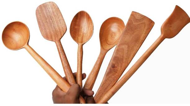 Tora Creations Neem Wood Spatulas For Cooking & Serving Wooden Ladle (Stir, Dosa, Rice, Deep Serve Pack 6) Brown Kitchen Tool Set