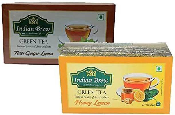 Indian Brew Tulsi Ginger Lemon, Lemon Honey Green Tea Combo Set of 2 Tulsi, Lemon Green Tea Bags Box