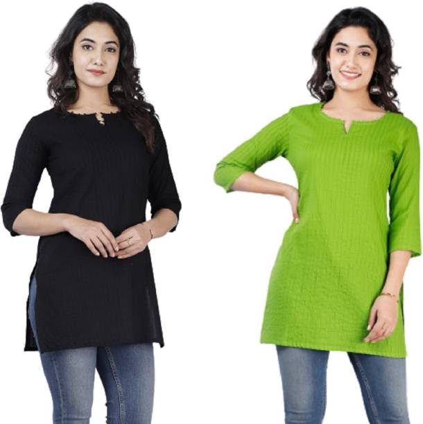 Pack of 2 Women Solid Pure Cotton A-line Kurta Price in India