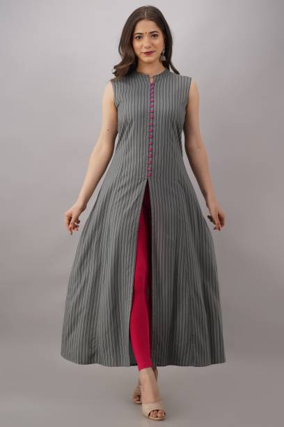 Women Striped Viscose Rayon Frontslit Kurta Price in India