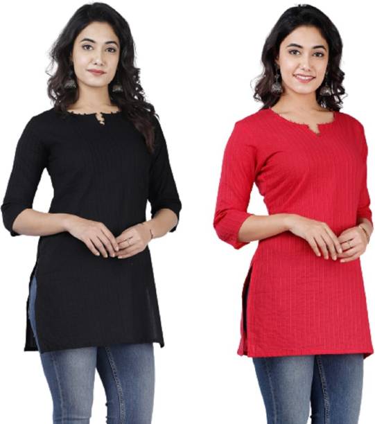 Pack of 2 Women Solid Pure Cotton A-line Kurta Price in India