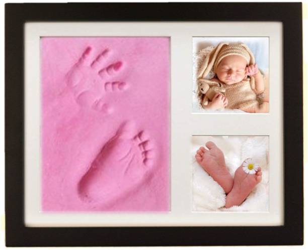Dream Gifts Baby Clay Handprint & Footprint Kit with XL Brown Box Frame (14.5"x11"x1") & Pink Colour Impression Art Clay