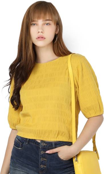 ONLY Casual Half Sleeve Self Design Women Yellow Top