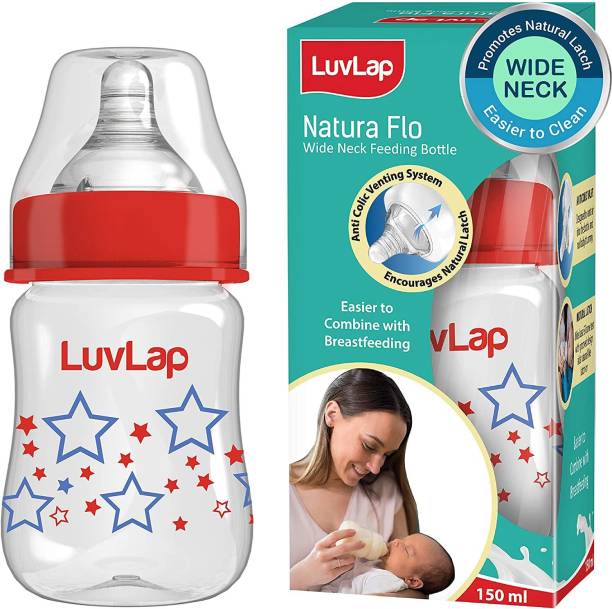 LuvLap 150ml Wide Neck Baby Feeding Bottle, PP, BPA Free, 0m+ (Red Blue Floral) - 150 ml