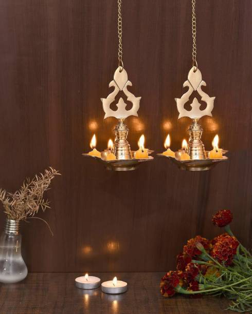 CraftVatika Hanging Diya for Diwali Decoration Brass Diyas for Puja Oil Lamp Stand (Pack of 2) Brass Hanging Diya Set