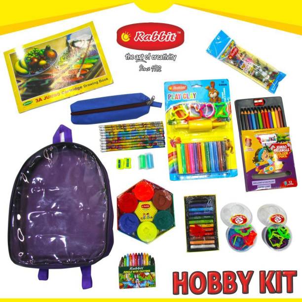 Rabbit KIDS PLAY KIT PAINT KIT ALL IN ONE KIT |Play Doh Clay|Art Kit|HOBBY Stationery for Kids For girls boys Art Craft Kit| It Includes Drawing Book, Clay,Dough, Pencil , Color pencil ,Eraser, Sharpner, Sand, Pouch, Tempera,Crayons, Oil Pastle,Rubber |For 3+ Age Art Clay