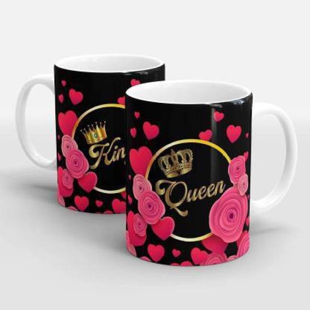 Plakasha creations King Queen Printed Ceramic Coffee (320 ml, Pack of 2) Ceramic Coffee Mug