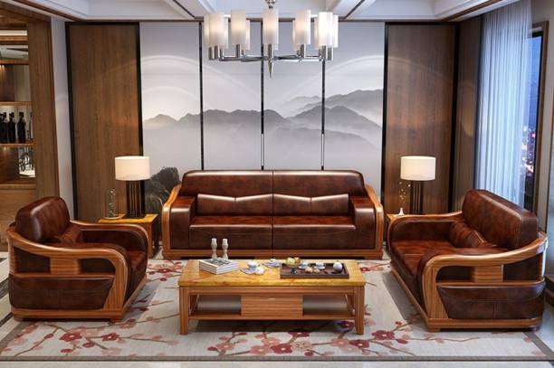 MAHIMART AND HANDICRAFTS Modern Style Teak Wood Leatherite Sofa Leatherette 3 + 2 + 1 Brown Sofa Set