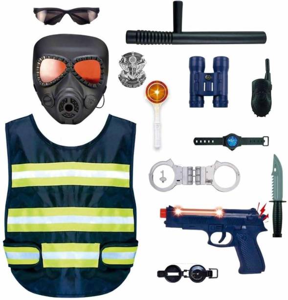 jmv Police Costume Uniform for Kids - 14 Pc Police Officer Dress Role Play Kit with Vest, Handcuffs, Batch, Pistol Toy, Whistle, Eye Glasses, Dagger - Police Jacket for Boys and Girls.