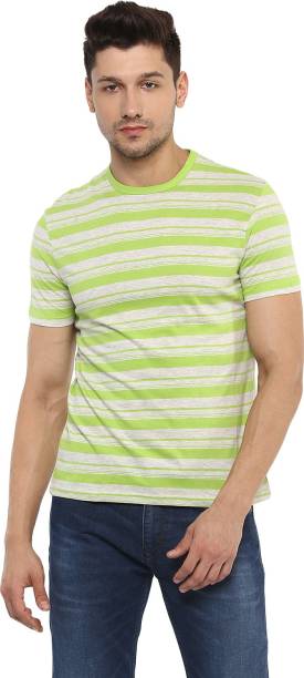 Celio Striped Men Polo Neck Light Green T-Shirt