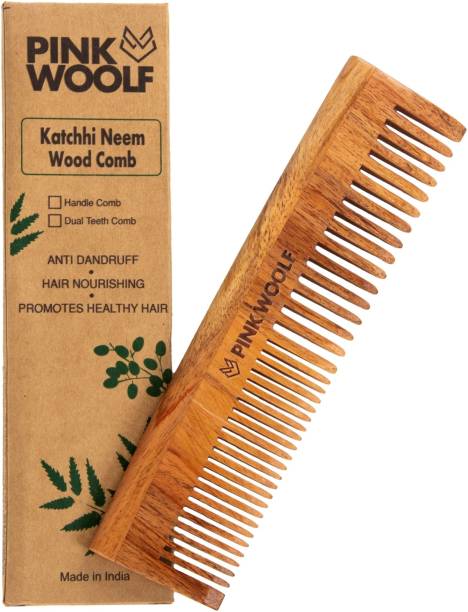 Pink Wolf Pink Woolf Handmade Neem Wood Comb | Women & Men | Natural & Eco-Friendly | Anti-Bacterial Hair Styling Comb with Fine & Wide Teeth Comb | With Handle | Made in India