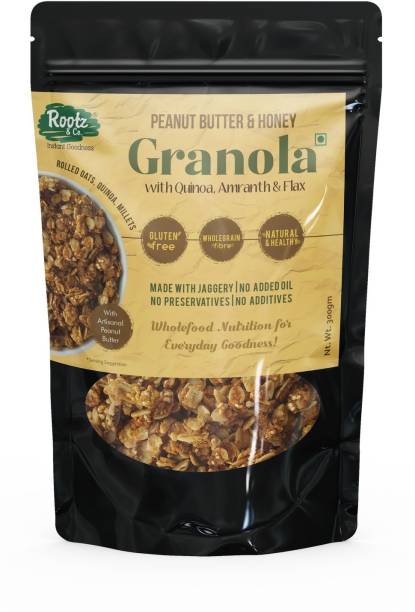 Rootz & Co. Healthy Gluten Free Granola Muesli (Peanut Butter & Honey) with Ancient Grains & Seeds. 300gms. No Added Oil. Naturally Sweetened Pouch