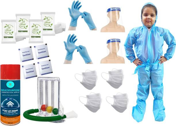 go klean 6-8 Years PPE Kit | Premium Combo PPE Kit Contains : 1 PPE Kit | 2 Kids Face Shields | 4 Face Mask | 2 Pair Gloves | 4 Wet Tissue | 4 Hand Rub Sanitizr Pouch | 1 Disinfectant Spray | 1 Respiratory Spirometer - Premium Quality set For Kids Safety Jacket