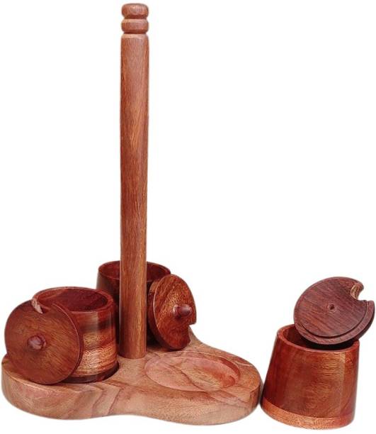 CRaFTghar Sheesham Wooden Masala Box Containers Jars With Lids , Tray with Stick for Kitchen Masala Dani Wooden Spice Storage Set for Kitchen , Brown 3 Piece Spice Set