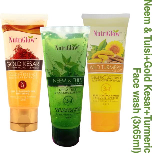 NutriGlow  pack of 3 Neem & Tulsi, Wild Turmeric, Gold Kesar Facial Cleanser Face Wash