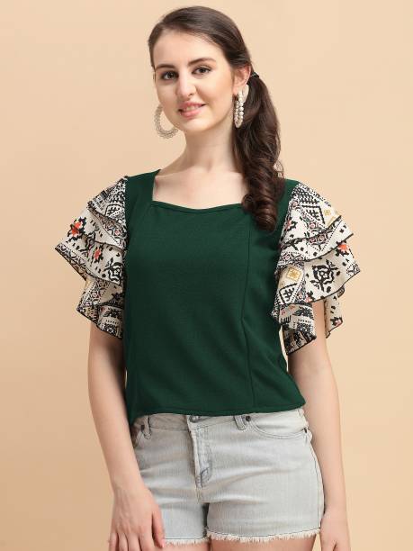 DL Fashion Casual Short Sleeve Printed Women Green Top
