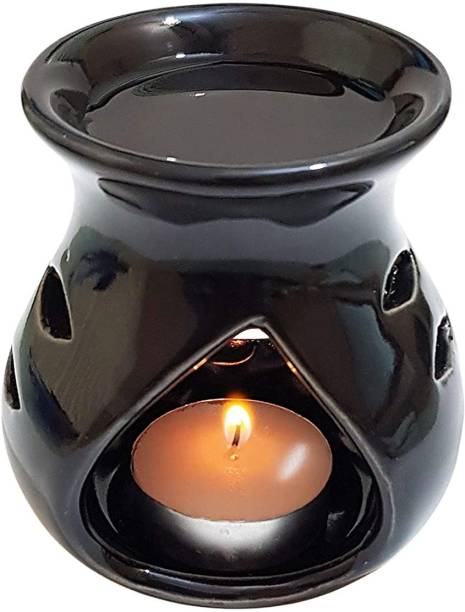 THE PINK KNOT Ceramic Clay Candle Operated Aroma Burner (BLACK; 9 Cm) Ceramic Tealight Holder