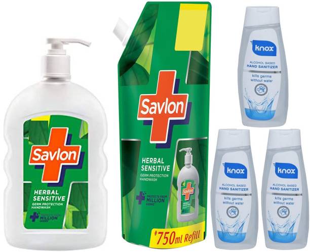 Savlon Herbal Sensitive 200 ml + Refil 750 ml + knox Sanitizer 3X60 ml