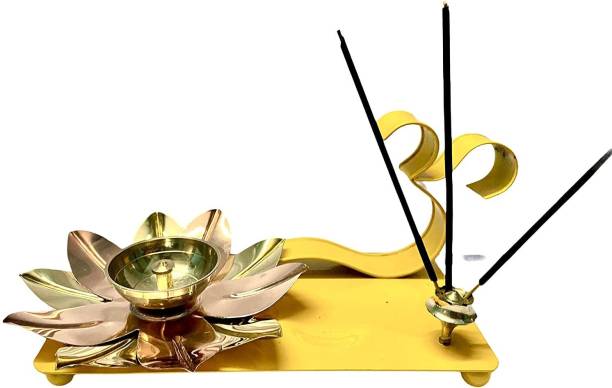 Metal World Om Diya Oil Flower Puja Lamp with Agarbatti Stand Decorative for Home Office Gifts Yellow Colour Brass Table Diya