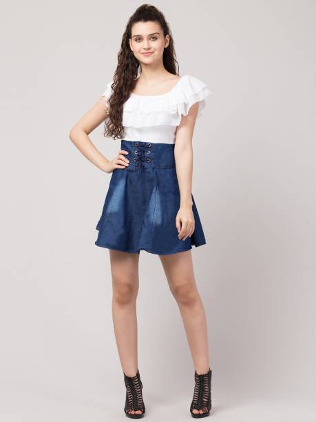 Women Fit and Flare White, Blue Dress Price in India