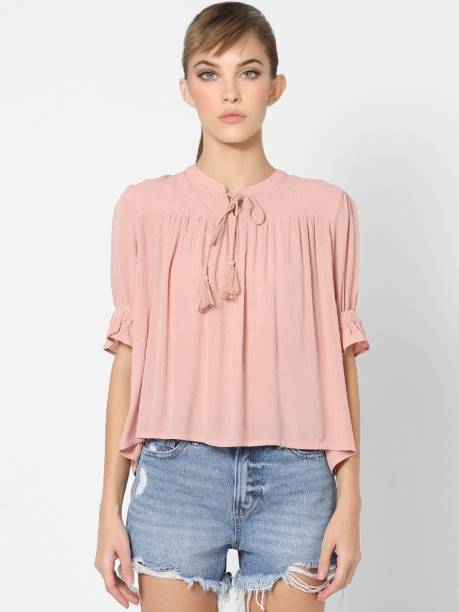 ONLY Casual Short Sleeve Solid Women Pink Top