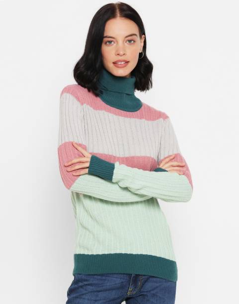 FOREVER 21 Printed Turtle Neck Casual Women Multicolor Sweater