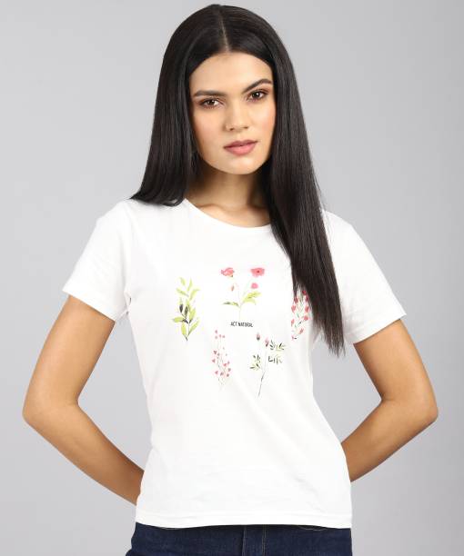 Ann Springs Floral Print Women Round Neck White T-Shirt