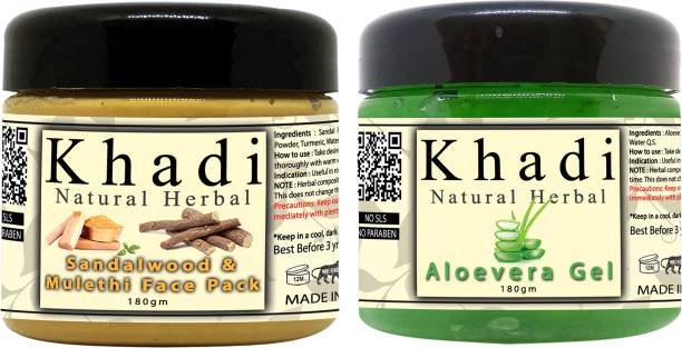 khadi natural herbal Combo Of Sandalwood Mulethi Face Mask 180gm and Aloevera Face Gel 180 gm