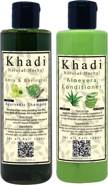 khadi natural herbal Paraben Free Amla-Bringraj Shampoo and Aloevera Conditioner Combo Pack (Each 200 ml)