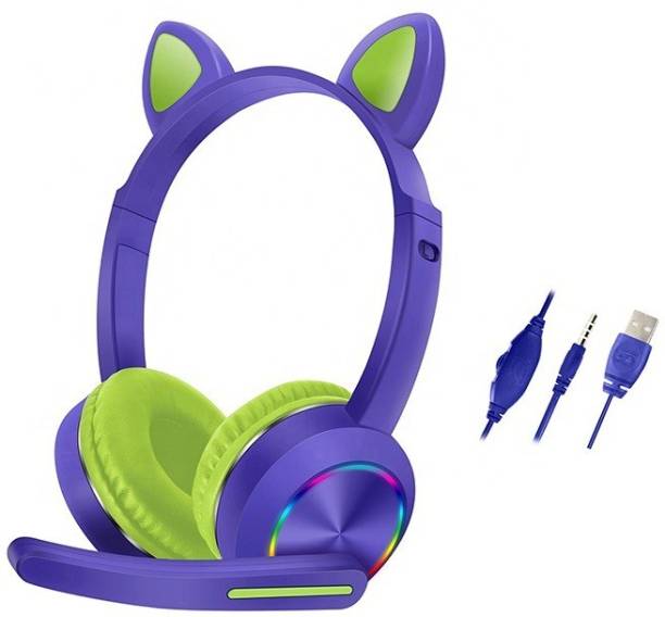 Ineix cute cat wired headset kids boys and girls purple green Wired Gaming Headset