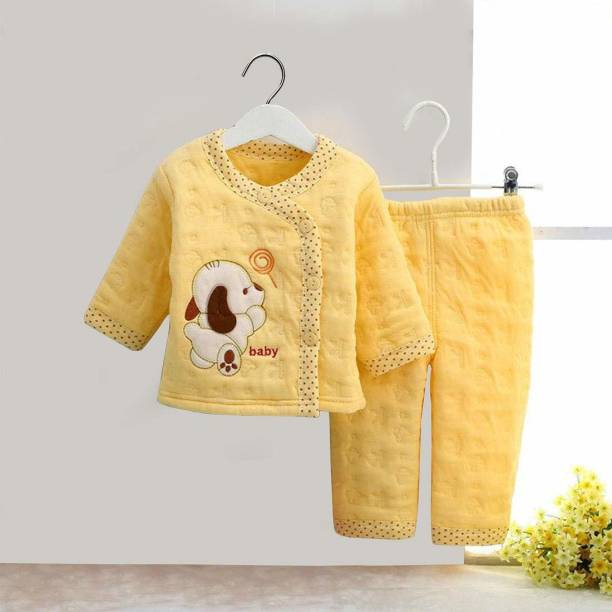 PIKIPOO Presents New Born Baby Cotton Cartoon Print 2 Piece Suit Keep Baby Warm Cotton Baby Boys Girls Unisex Baby Fleece/Falalen or Flannel Suit Infant Clothes (Yellow, 0-3 Months)