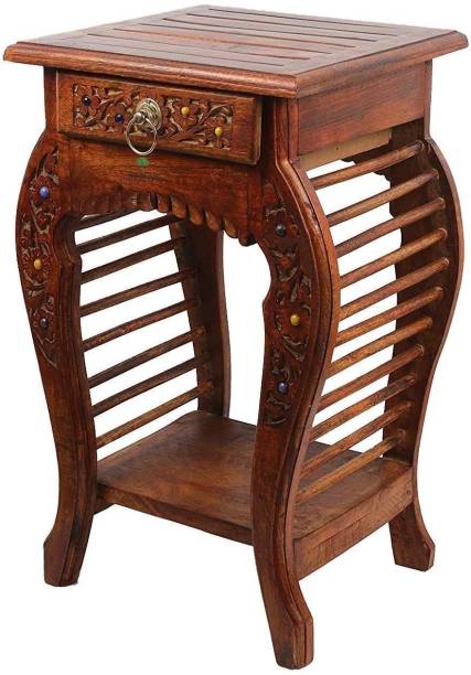 Smarts collection Handmade Bedside Table Floral Carved End Table for Bedroom and Living Room with 1 Drawers Solid Wood Side Table (Finish Color - BROWN) Solid Wood Side Table