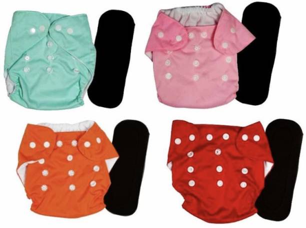 kogar All New Premium Red Pink Sky Orange Cloth Button Diaper With Black 5 Layer insert For Baby New Born To 2 year ( 4 Diaper +4 Insert ) #42 - M - L