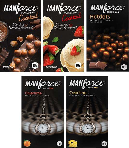 MANFORCE Premium Range Combo Pack (3in1 Overtime Orange, 3in1 Overtime Pineapple, Belgian Chocolate with Bigger Dots, Cocktail Strawberry + Vanilla & Cocktail Chocolate + Hazelnut with Dotted Rings) - 50 Pieces, (Pack of 5) Condom