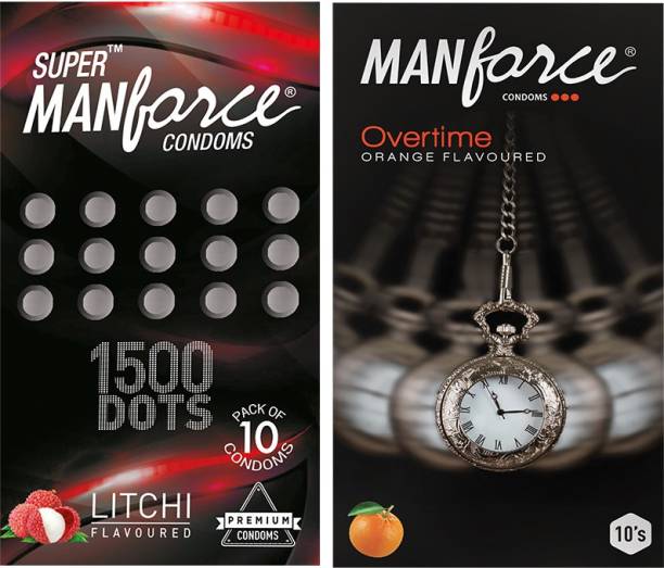 MANFORCE 3in1 (Ribbed,Dotted,Contoured) Overtime Orange and Extra Dotted Litchi Flavoured Condoms - 20 Pieces, (Pack of 2) Condom