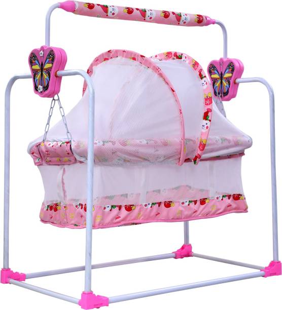 Miss & Chief New Born Baby Cradle with Mosquito Net High-Quality Hanging Chains, Spacious, Firm and Rigid Support, Attractive Bassinet