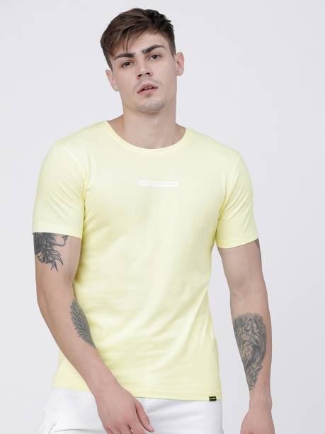 Men Solid Round Neck Yellow T-Shirt Price in India