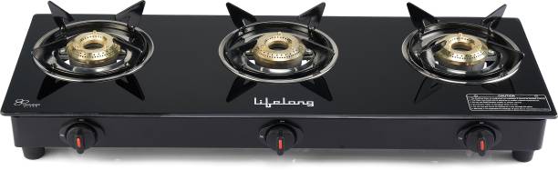 Lifelong LLGS303 Automatic Ignition 3 Burner For LPG Use Only (Doorstep Service, Black) Glass Automatic Gas Stove