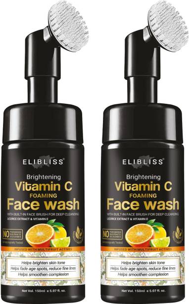 ELIBLISS Natural Vitamin C Foaming For Pimple Prone & Oily Skin - No Parabens, Sulphate, Silicones (with Built-in Brush)  Pack Of 2 Face Wash