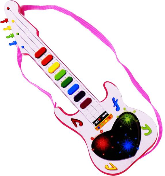 Aseenaa Musical Mini Guitar Toy With Musical Rhymes Sound And 3D LED Light | Battery Operated | Musical Instrument | Electric Keyboard | Lighting Toys | Best Gift For Kid And Toddlers | Size : 12 Inches | Colour : White And Pink | Package Content : Guitar