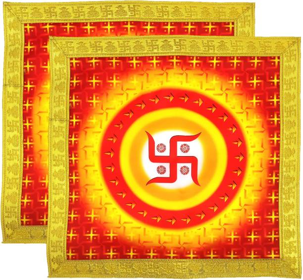 Bhakti Lehar ( Size: 16" x 16" Inch ) Printed Swastik Design Satin Silk Puja Aasan Cloth for God Chowki | Sartin Puja Assan Kapda Altar Cloth Mat for Mandir, Temple and Puja Decoration Altar Cloth