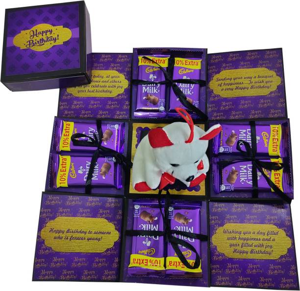 Easycraftz Purple Birthday chocolate Explosion Gift box with teddy (8 Dairy milk chocolates 10 rupees each) Greeting Card