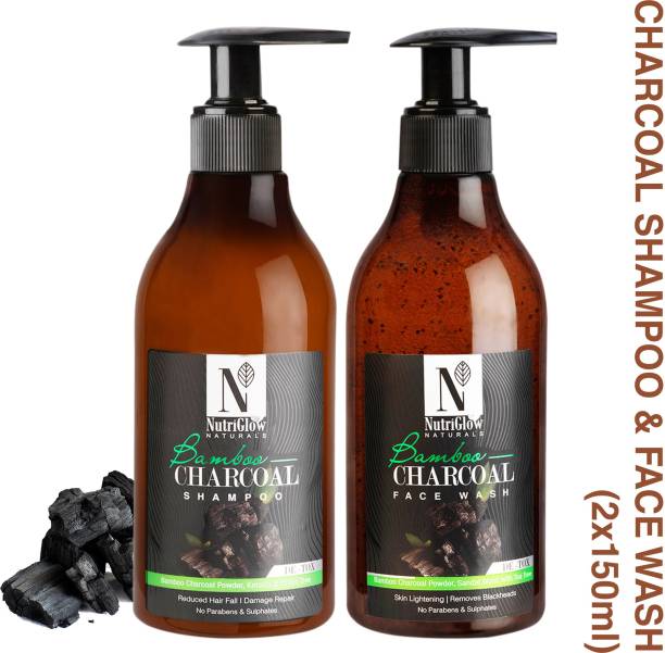 NutriGlow NATURAL'S Bamboo Charcoal Combo Pack : Shampoo and Face Wash With Bamboo Charcoal Powder / Reduced Hair Fall/ Fights Pollution And Acne/ For Oily Skin (150 ml Each)