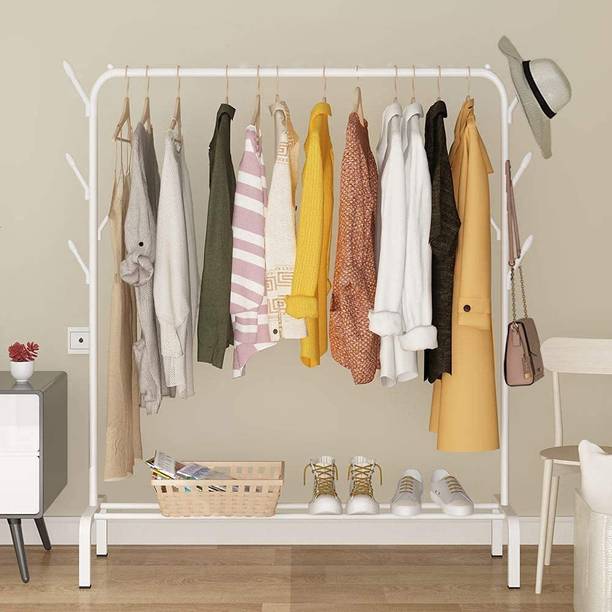 LEOPAX Heavy Duty Metal Garment Rack with 8 Hooks, Top Rod and Lower Storage Shelve Metal Coat and Umbrella Stand